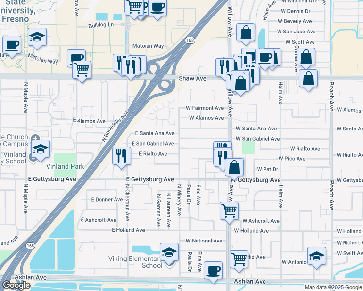 map of restaurants, bars, coffee shops, grocery stores, and more near 985 West Rialto Avenue in Clovis