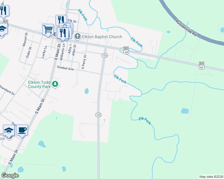 map of restaurants, bars, coffee shops, grocery stores, and more near 301 Weathers Ave in Elkton