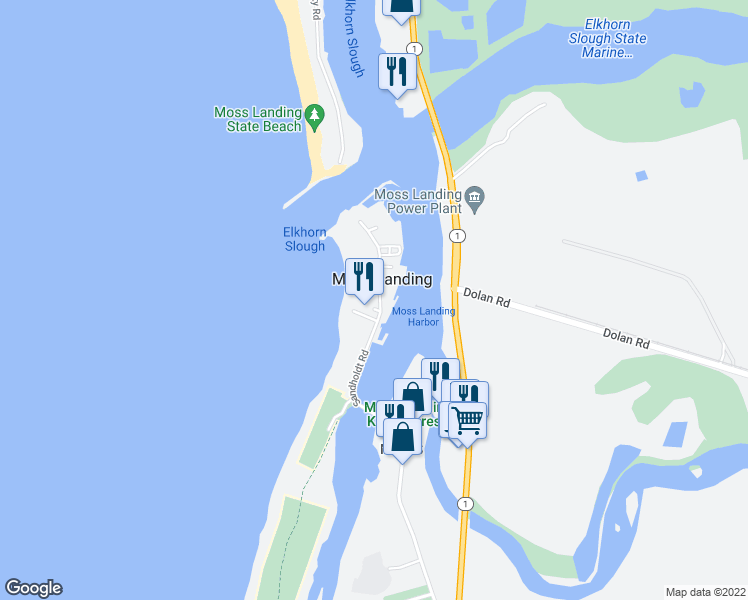 map of restaurants, bars, coffee shops, grocery stores, and more near Flounder Way in Moss Landing