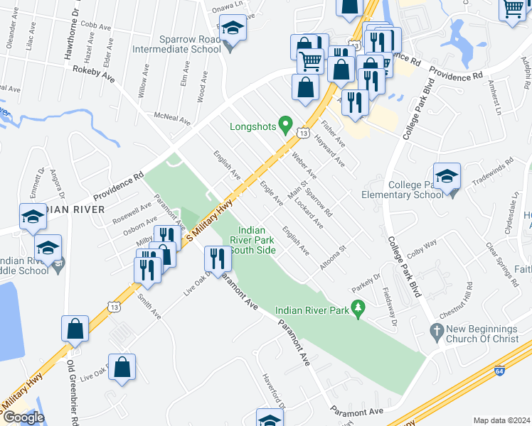 map of restaurants, bars, coffee shops, grocery stores, and more near 1941 English Avenue in Chesapeake
