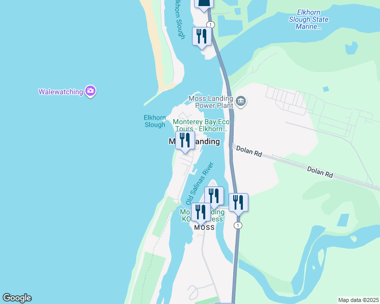 map of restaurants, bars, coffee shops, grocery stores, and more near 7550 Sandholdt Road in Moss Landing