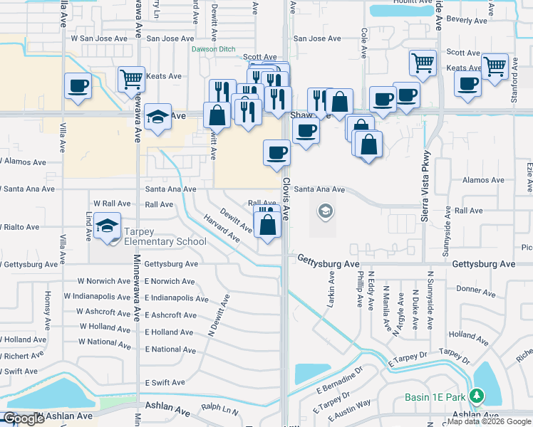 map of restaurants, bars, coffee shops, grocery stores, and more near 604 Rall Avenue in Clovis