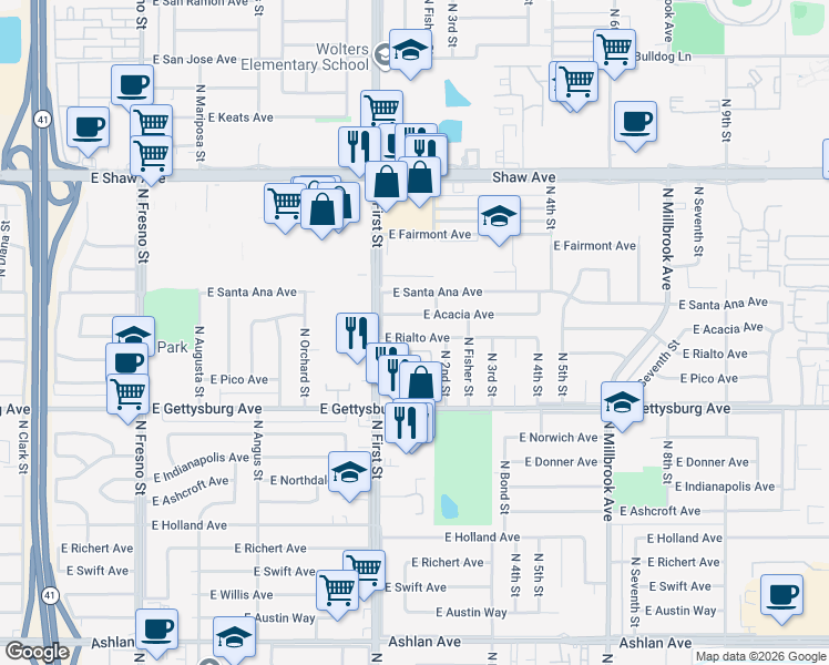 map of restaurants, bars, coffee shops, grocery stores, and more near 3182 East Acacia Avenue in Fresno