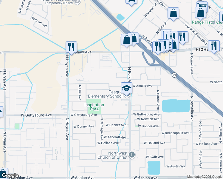 map of restaurants, bars, coffee shops, grocery stores, and more near 4722 North Rosendo Avenue in Fresno