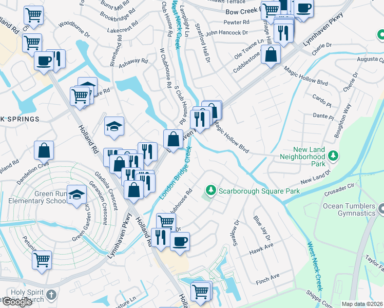 map of restaurants, bars, coffee shops, grocery stores, and more near 1104 Lynnhaven Parkway in Virginia Beach