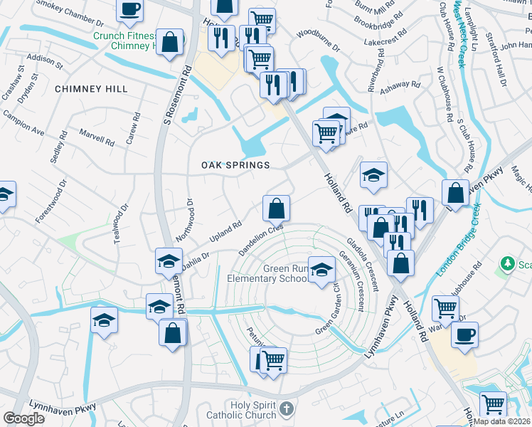 map of restaurants, bars, coffee shops, grocery stores, and more near 974 Smoke Tree Lane in Virginia Beach