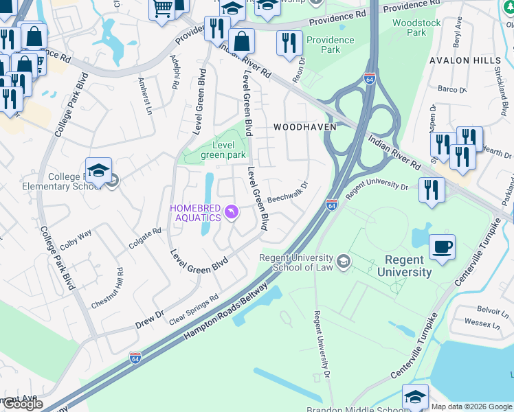 map of restaurants, bars, coffee shops, grocery stores, and more near 1137 Evert Drive in Virginia Beach