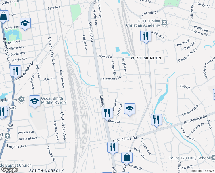map of restaurants, bars, coffee shops, grocery stores, and more near 2425 Strawberry Lane in Chesapeake