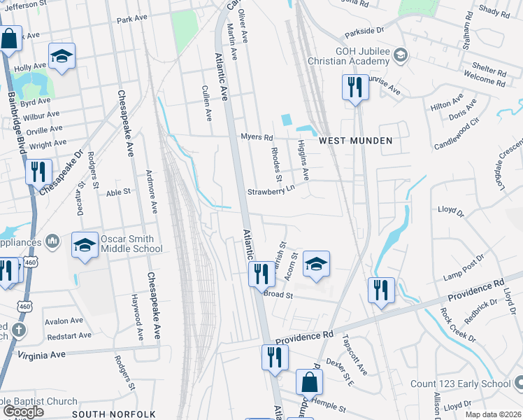 map of restaurants, bars, coffee shops, grocery stores, and more near 2425 Strawberry Lane in Chesapeake