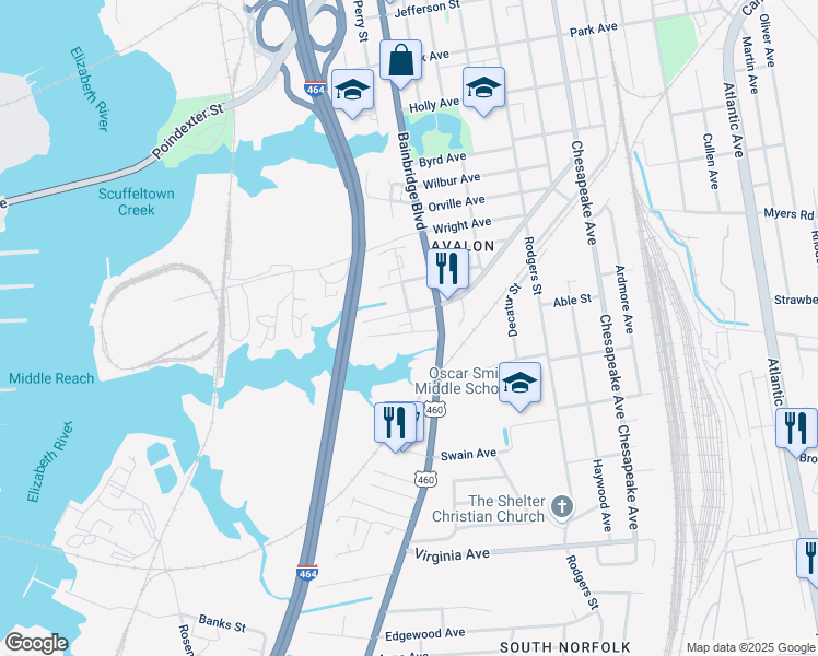 map of restaurants, bars, coffee shops, grocery stores, and more near 624 Beech Street in Chesapeake