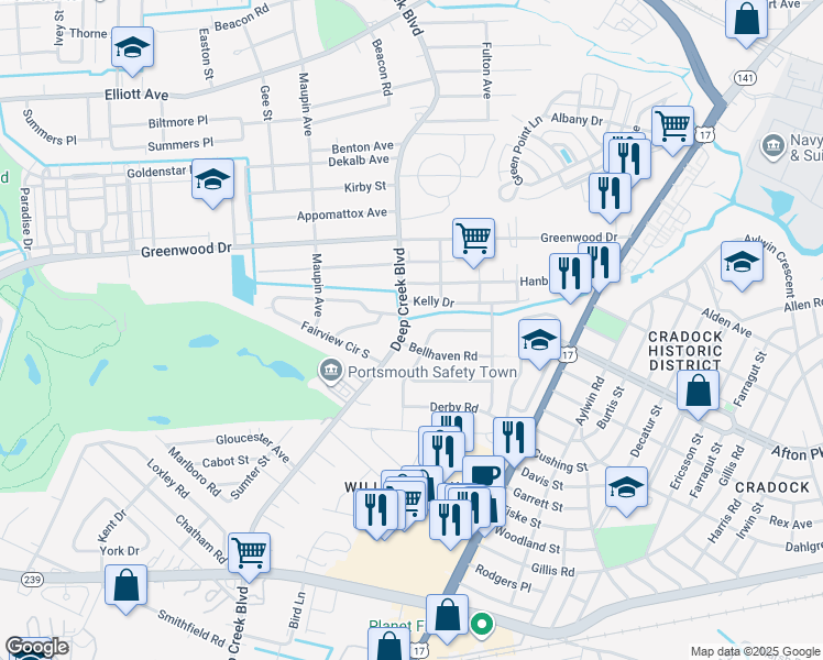 map of restaurants, bars, coffee shops, grocery stores, and more near 4300 Deep Creek Boulevard in Portsmouth