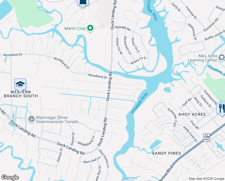 map of restaurants, bars, coffee shops, grocery stores, and more near 3913 Whites Landing in Chesapeake
