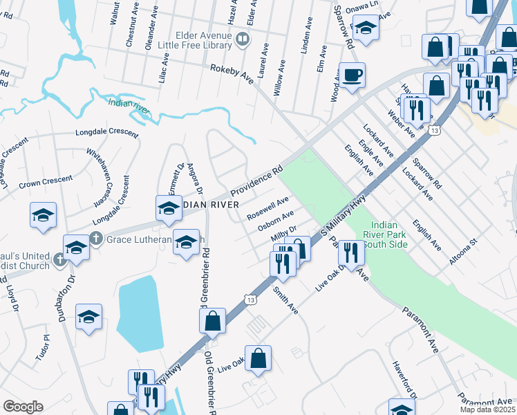 map of restaurants, bars, coffee shops, grocery stores, and more near 712 Rosewell Avenue in Chesapeake