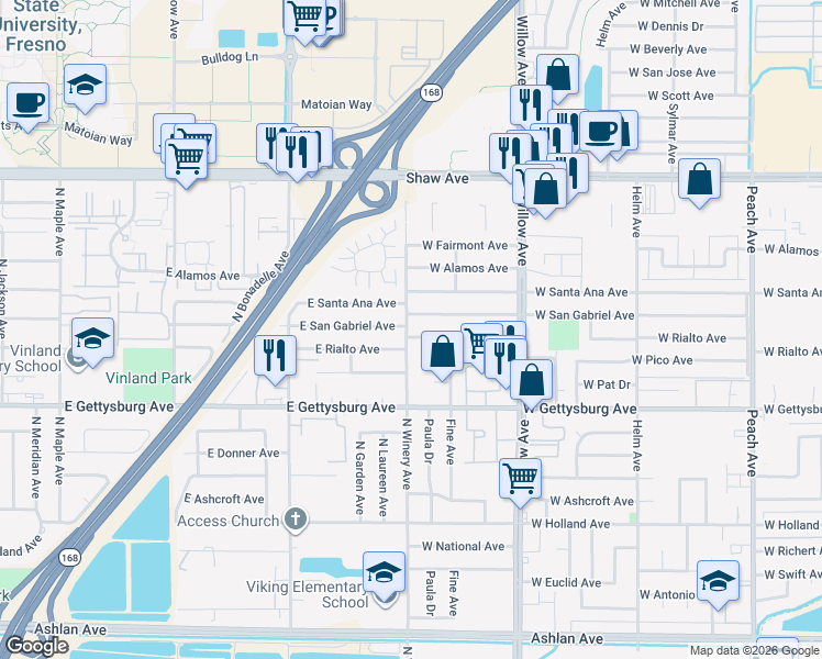 map of restaurants, bars, coffee shops, grocery stores, and more near 985 West Rialto Avenue in Clovis