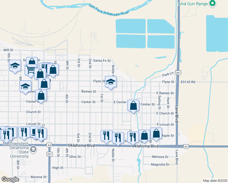 map of restaurants, bars, coffee shops, grocery stores, and more near 110 East Barnes Avenue in Alva