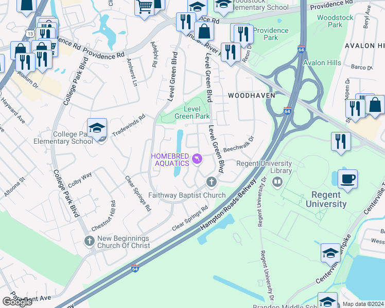 map of restaurants, bars, coffee shops, grocery stores, and more near 5936 Beechwalk Drive in Virginia Beach
