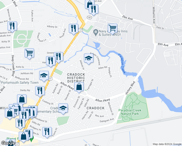 map of restaurants, bars, coffee shops, grocery stores, and more near 27 Alden Avenue in Portsmouth