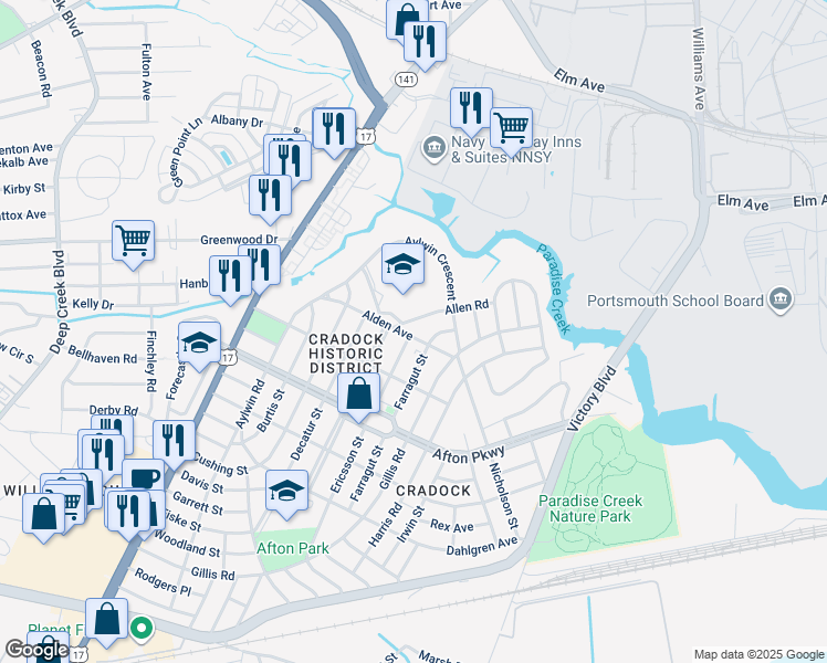 map of restaurants, bars, coffee shops, grocery stores, and more near 27 Alden Avenue in Portsmouth