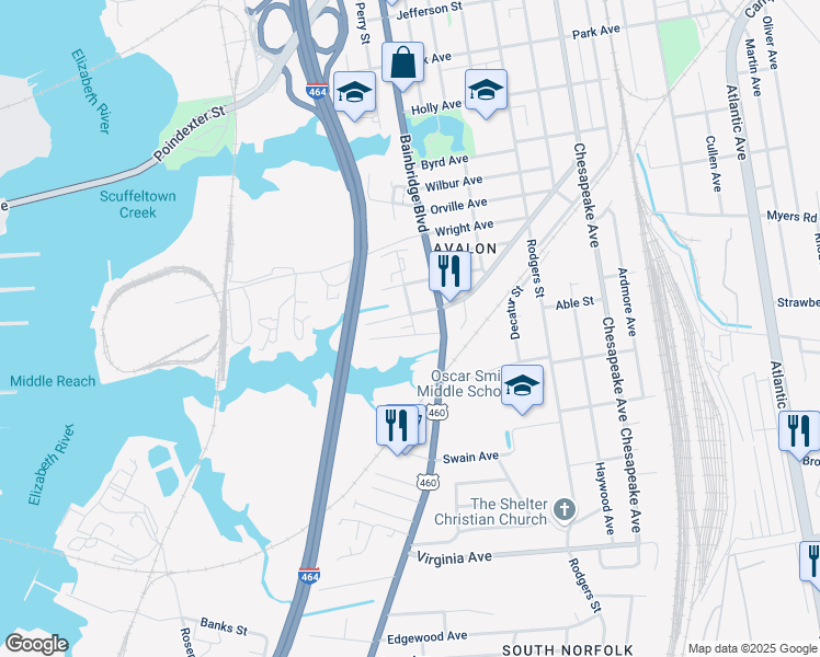 map of restaurants, bars, coffee shops, grocery stores, and more near 624 Beech Street in Chesapeake