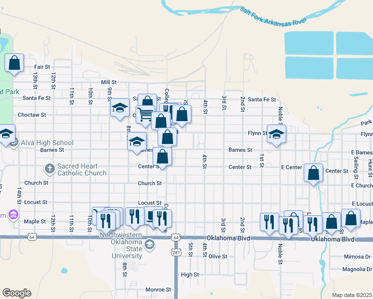 map of restaurants, bars, coffee shops, grocery stores, and more near 527 Barnes Street in Alva