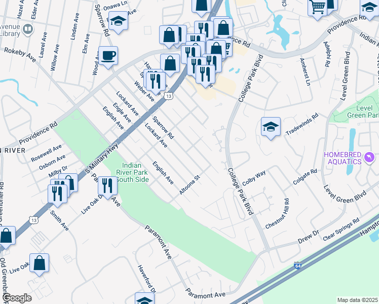 map of restaurants, bars, coffee shops, grocery stores, and more near 2102 Sparrow Road in Chesapeake