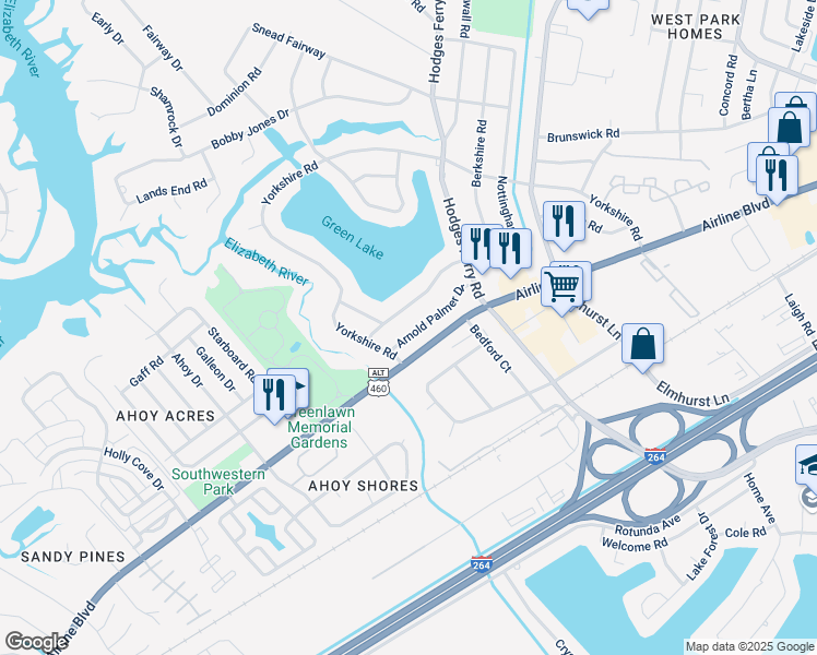 map of restaurants, bars, coffee shops, grocery stores, and more near 817 Nottingham Road in Portsmouth