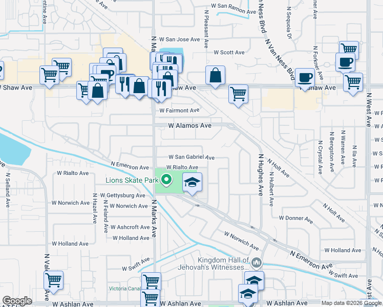 map of restaurants, bars, coffee shops, grocery stores, and more near 2591 West Acacia Avenue in Fresno