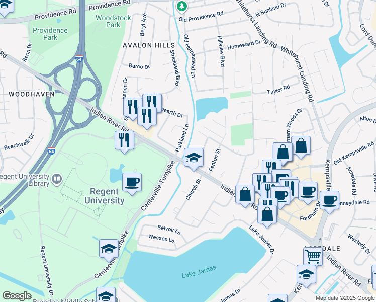 map of restaurants, bars, coffee shops, grocery stores, and more near 5580 Indian River Road in Virginia Beach