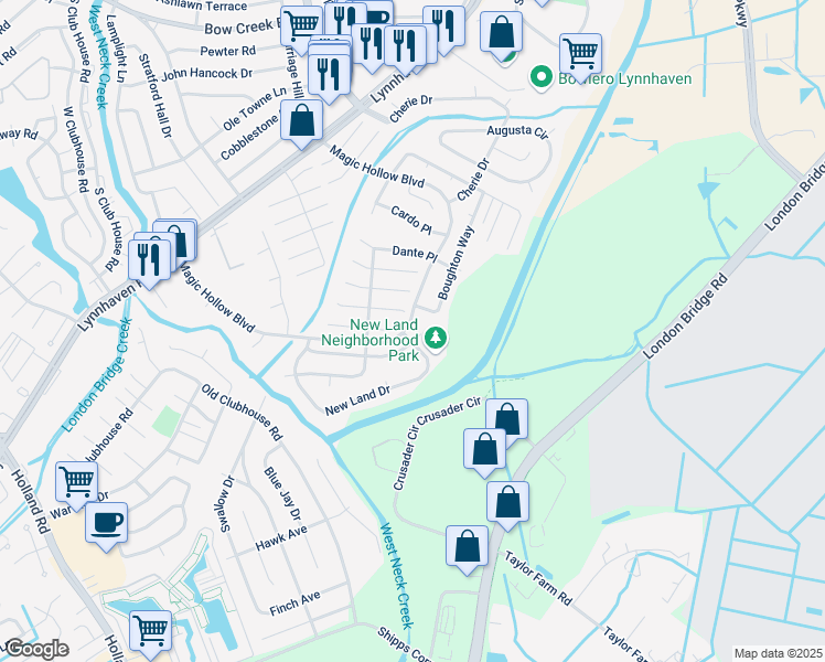 map of restaurants, bars, coffee shops, grocery stores, and more near 2900 Old Glory Road in Virginia Beach