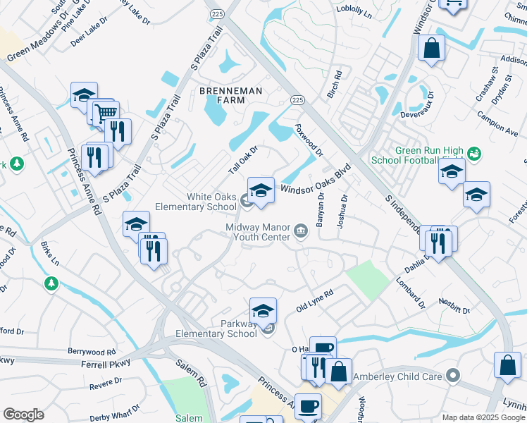 map of restaurants, bars, coffee shops, grocery stores, and more near 960 Windsor Oaks Boulevard in Virginia Beach