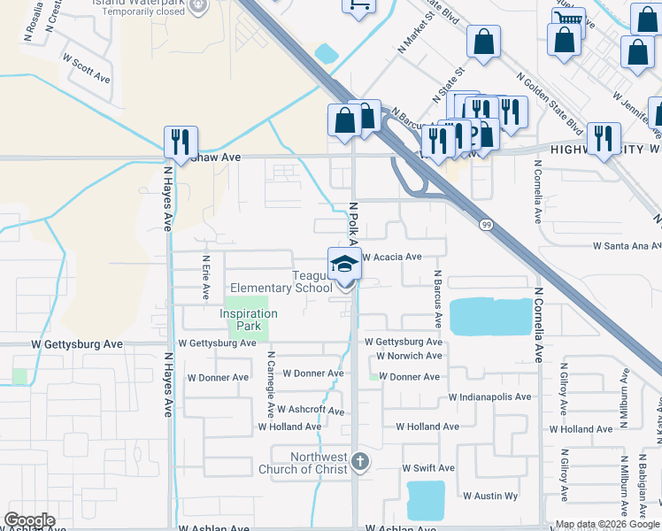 map of restaurants, bars, coffee shops, grocery stores, and more near 5551 West Acacia Avenue in Fresno