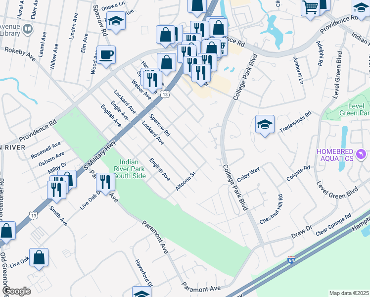 map of restaurants, bars, coffee shops, grocery stores, and more near 2102 Sparrow Road in Chesapeake