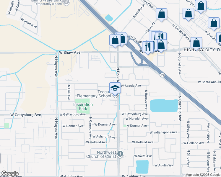 map of restaurants, bars, coffee shops, grocery stores, and more near 5551 West Acacia Avenue in Fresno