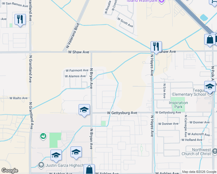 map of restaurants, bars, coffee shops, grocery stores, and more near 6378 West Acacia Avenue in Fresno