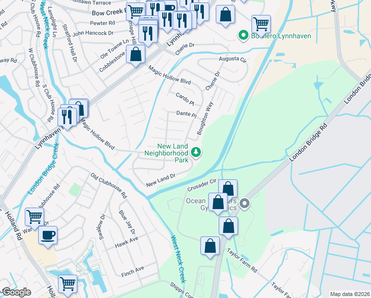 map of restaurants, bars, coffee shops, grocery stores, and more near 2900 Old Glory Road in Virginia Beach