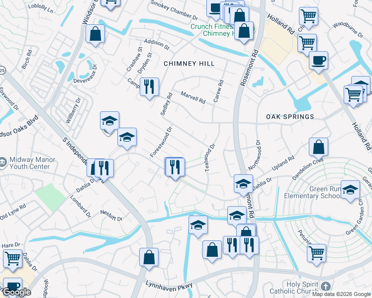 map of restaurants, bars, coffee shops, grocery stores, and more near 3804 Clearwood Court in Virginia Beach
