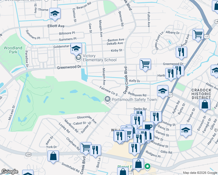 map of restaurants, bars, coffee shops, grocery stores, and more near 605 Maupin Avenue in Portsmouth