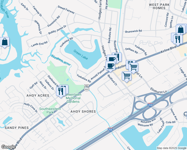 map of restaurants, bars, coffee shops, grocery stores, and more near 817 Nottingham Road in Portsmouth