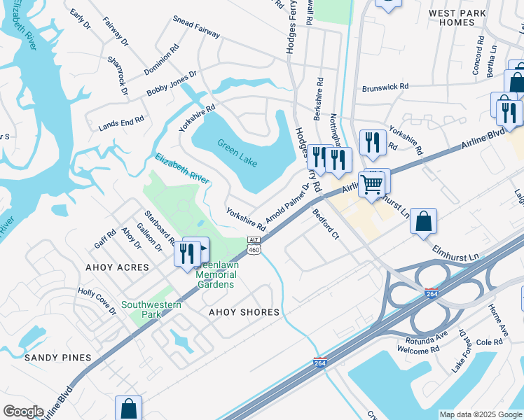 map of restaurants, bars, coffee shops, grocery stores, and more near 107 Gary Player Road in Portsmouth