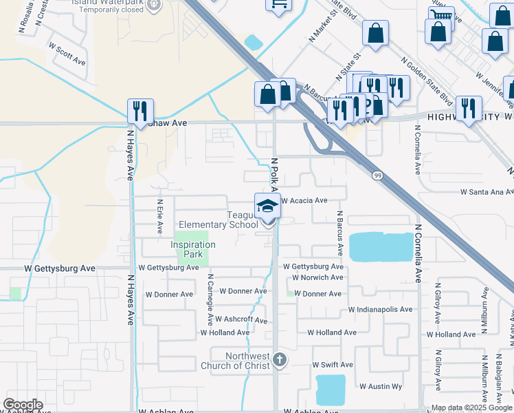 map of restaurants, bars, coffee shops, grocery stores, and more near 5551 West Acacia Avenue in Fresno