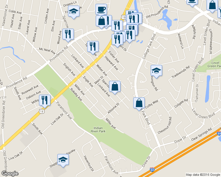 map of restaurants, bars, coffee shops, grocery stores, and more near 2023 Sparrow Road in Chesapeake