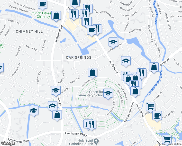 map of restaurants, bars, coffee shops, grocery stores, and more near 976 Smoke Tree Lane in Virginia Beach