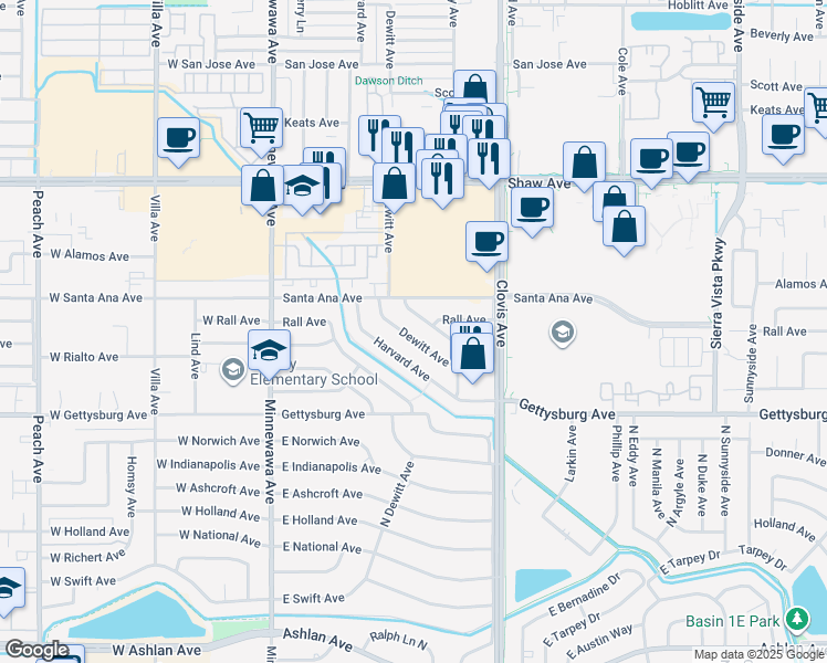 map of restaurants, bars, coffee shops, grocery stores, and more near 2535 Dewitt Avenue in Clovis