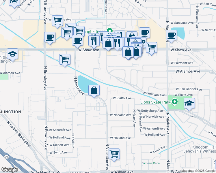 map of restaurants, bars, coffee shops, grocery stores, and more near 4514 North Valentine Avenue in Fresno