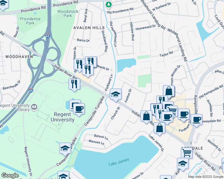 map of restaurants, bars, coffee shops, grocery stores, and more near 5580 Indian River Road in Virginia Beach