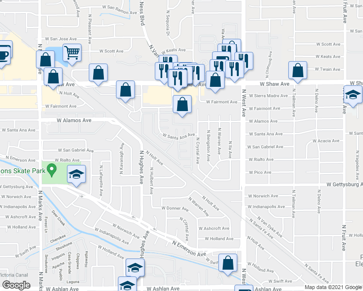 map of restaurants, bars, coffee shops, grocery stores, and more near 1773 West Santa Ana Avenue in Fresno