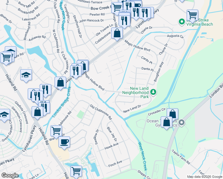 map of restaurants, bars, coffee shops, grocery stores, and more near 3004 Magic Hollow Boulevard in Virginia Beach
