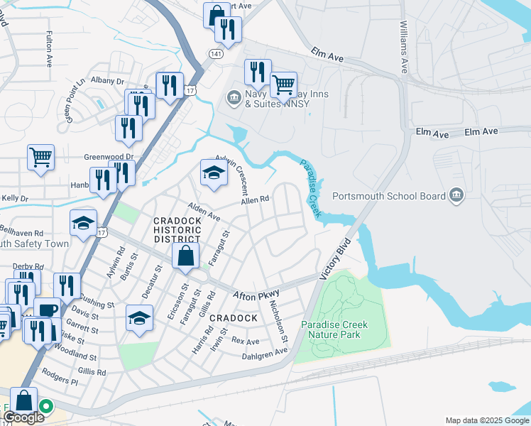 map of restaurants, bars, coffee shops, grocery stores, and more near 8 Quackenbush Place in Portsmouth