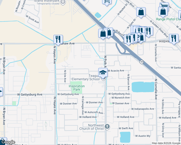 map of restaurants, bars, coffee shops, grocery stores, and more near 4722 North Rosendo Avenue in Fresno