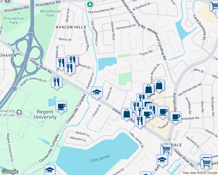 map of restaurants, bars, coffee shops, grocery stores, and more near 1207 Fenton Street in Virginia Beach